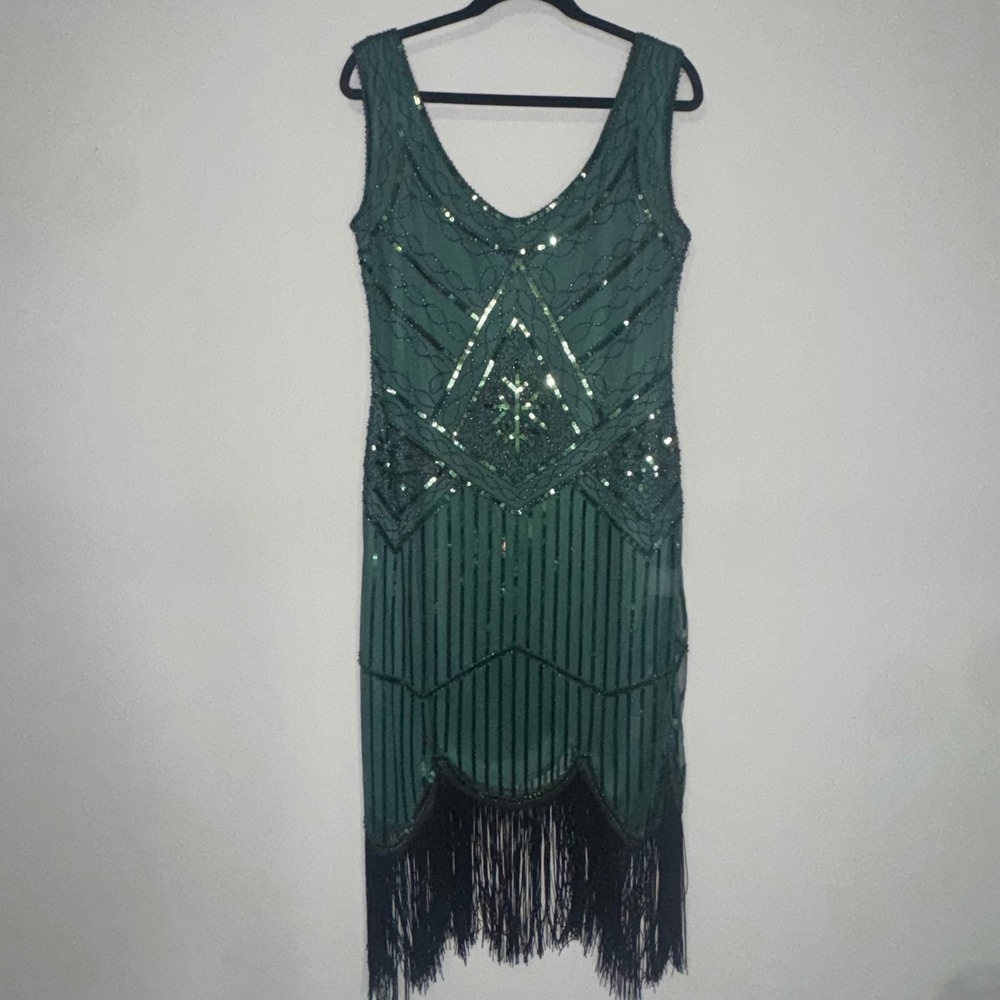 Fundaisy Emerald Green Sequin Flapper Dress Art Deco Fringe Gatsby Style XL‎